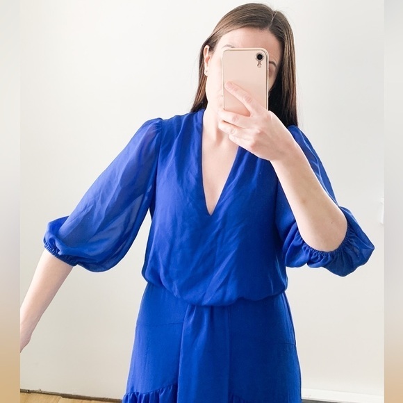 Taylor Royal Blue Azure Chiffon V neck High Low Midi Dress Medium - Picture 5 of 16